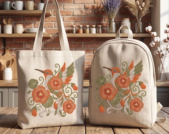 Kolibrie bloemen Tote rugzak make-up tas Machine borduurwerk ontwerp digitaal downloadbestand