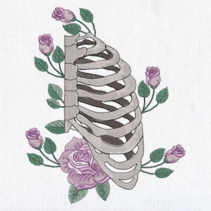 May include: A stylized illustration of a ribcage with a floral design. The ribcage is gray and the flowers are purple with green leaves.