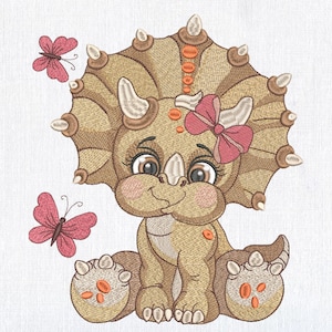 Cute Dinosaur Girl Triceratops with Bow Butterflies Machine Embroidery design, Cartoon Dinosaur Embroidery File, Baby Dino pattern 8 Sizes