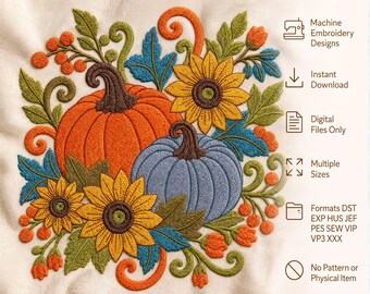 Autumn Pumpkin Sunflower Harvest Machine Embroidery Design Rustic Fall Harvest Digital Download File