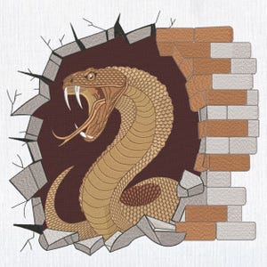 May include: A brown snake with a yellow pattern is breaking through a brick wall. The snake has its mouth open and fangs showing. The wall is made of grey and brown bricks.