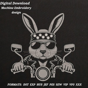 May include: Digital download machine embroidery design featuring a biker bunny wearing sunglasses and a leather jacket, holding motorcycle handlebars. The design is in shades of gray on a black background. The text "Digital Download Machine Embroidery design" is at the top.