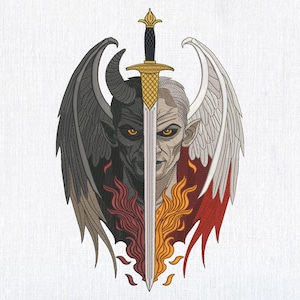 May include: A silver sword with a gold hilt pierces through the centre of two faces, one with black skin and horns, the other with white skin and angel wings. Both faces are surrounded by flames.