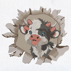 May include: A cartoon cow with black and white spots peeks out of a torn piece of paper. The cow has pink ears, a pink nose, and a pink tongue sticking out. The cow is wearing two pink bows on its head.