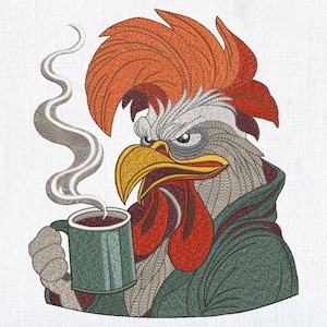 May include: A rooster wearing a green robe and holding a green mug of coffee with steam rising from it.