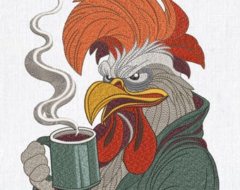 Diseño de bordado a máquina de gallo de café gruñón, archivo de bordado de animal matutino divertido, patrón de bordado Pes. 8 tamaños Descarga instantánea