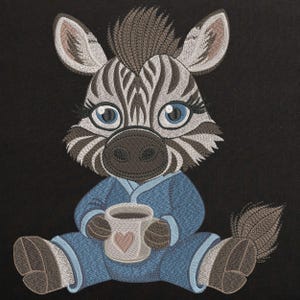 Cute sleepy Baby Zebra in Pajamas Machine Embroidery Design, African Animal Embroidery File,  Coffee Zebra Embroidery Pattern 8 Sizes