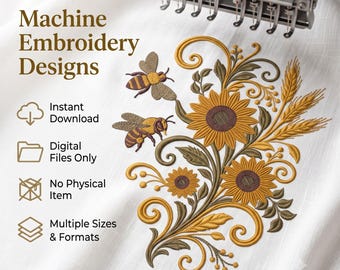 Sunflower Bee Floral Machine Embroidery Design Rustic Wheat Digital Download File