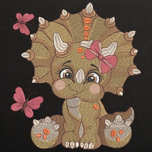 Cute Dinosaur Girl Triceratops with Bow Butterflies Machine Embroidery design, Cartoon Dinosaur Embroidery File, Baby Dino pattern 8 Sizes