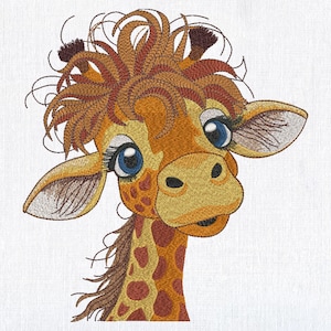 May include: A close-up of a cartoon giraffe with brown and orange fur, large blue eyes, and a long neck. The giraffe is looking directly at the viewer.