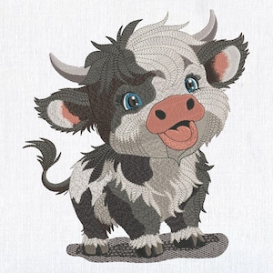 May include: A cute cartoon illustration of a black and white cow with a pink nose and blue eyes. The cow is standing on a gray surface and has a fluffy, white tail.
