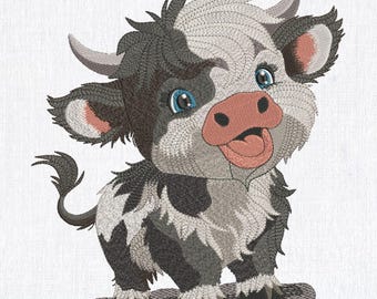 Lindo y divertido diseño de ternera de las Tierras Altas para bordar a máquina para niños y bebés. Archivo de bordado de animales de granja. Patrón de bordado Pes. 8 tamaños