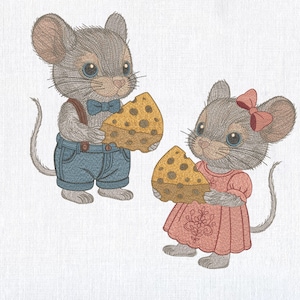 Set 2 Cute Mouse Pair with Cheese and Outfits Machine Embroidery design, Cartoon Baby Shower Mice File, Cute Rodent Couple Pattern 6 Sizes