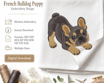 Franse Bulldog puppy In de hoepel keukenhanddoek Project Machine borduurwerk ontwerp digitaal downloadbestand