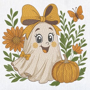 May include: An embroidered design featuring a friendly ghost with a large bow, surrounded by flowers, leaves, a butterfly, and a pumpkin. The ghost has a smiling face and is in a fall theme with warm colors.