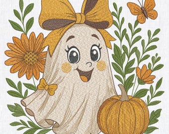 Fall Ghost Machine Embroidery Design, Spooky Autumn Floral (Instant Download)
