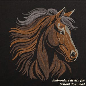 May include: An embroidered design of a horse's head in shades of brown and gray on a black background. The horse's mane flows gracefully. The text "Embroidery design file Instant download" is at the bottom.