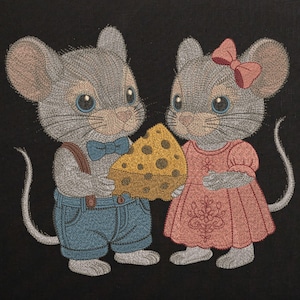 Cute Mouse Couple with Cheese Machine Embroidery design, Baby Shower Mice Pair File, Cartoon Rodents Pattern 4 sizes Instant Download