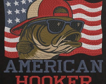 Funny Bass Fish in Hat Machine Embroidery Design: Patriotic Fishing File (Instant Download)