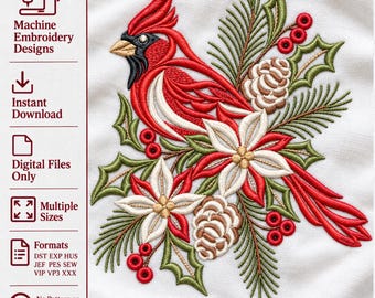 Christmas Cardinal Floral Machine Embroidery Design Winter Bird Botanical Digital Download File