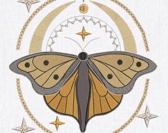 Celestial Moth Embroidery Design: Mystic Stars, Moon (Digital Download)