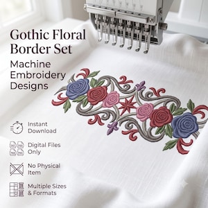 Könnte beinhalten: Ein Maschinenstickmuster mit einem gotischen Blumenbordüren-Set, das Rosen in Rot-, Rosa- und Blautönen zeigt, akzentuiert durch grüne Blätter und graue Schnörkel. Der Text lautet Gothic Floral Border Set, Machine Embroidery Designs.