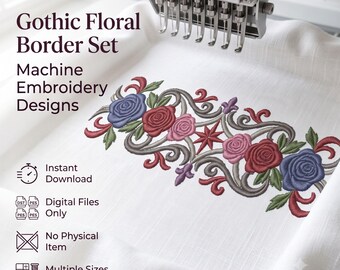 Gothic Rose Floral Border Machine Embroidery Design Dark Romance Ornamental Flower  Digital Download File