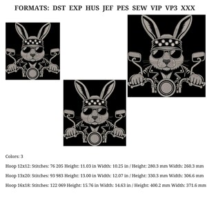 May include: Embroidered design featuring a rabbit wearing sunglasses, a studded headband, and a leather jacket, riding a motorcycle. The design is in shades of gray on a black background. The image includes text about the design formats and sizes.