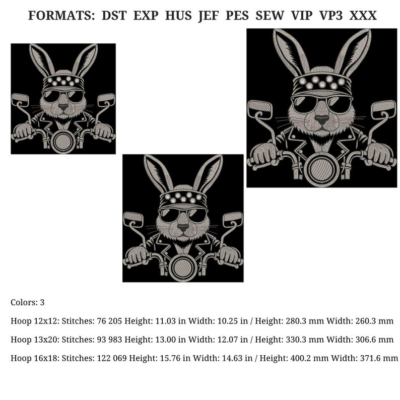 May include: Embroidered design featuring a rabbit wearing sunglasses, a studded headband, and a leather jacket, riding a motorcycle. The design is in shades of gray on a black background. The image includes text about the design formats and sizes.