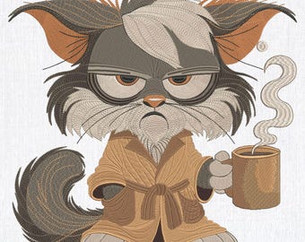 Diseño de bordado a máquina de divertido gato gruñón con taza de café, lindo archivo de bordado de animales enojados y divertidos, 8 tamaños, descarga instantánea
