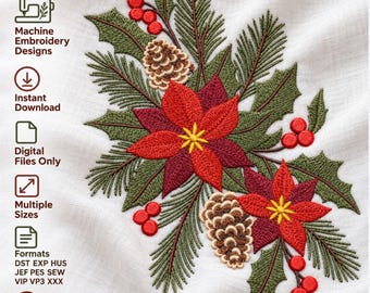 Christmas Poinsettia Pine Cone Holly Machine Embroidery Design Holly Berry Evergreen Digital Download File