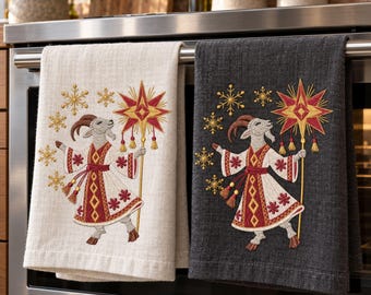 クリスマスヤギのミシン刺繍デザイン（ティータオルやキッチンリネン用）、デジタルダウンロードファイル