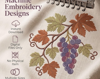Autumn Grapevine Grape Cluster Machine Embroidery Design Rustic Vineyard Botanical Digital Download File