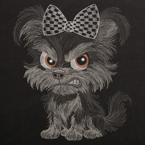 Disegno per ricamo a macchina di un cucciolo di Yorkshire Terrier nero e grigio arrabbiato, file con muso di cane Grumpy Terrier, modello di cucciolo di cartone animato solo per tessuti molto scuri, 8 misure