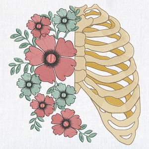 May include: Embroidered design featuring a rib cage and flowers. The rib cage is in shades of tan and yellow, while the flowers are pink and teal with green leaves. The design is on a white background.