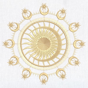 May include: A gold embroidered design of a sun and moon with stars on a white background.