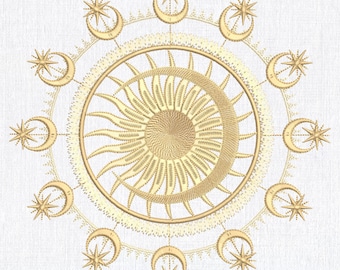 Celestial Sun Moon Mandala Machine Embroidery Design: Cosmic Boho Pattern (Digital Download)