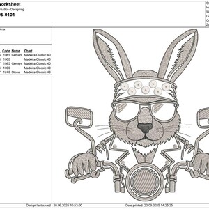 May include: An embroidered design featuring a rabbit wearing sunglasses, a bandana, and a leather jacket, riding a motorcycle. The design is approximately 11.03 inches high and 10.25 inches wide.