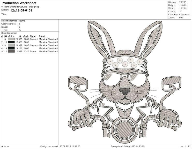 May include: An embroidered design featuring a rabbit wearing sunglasses, a bandana, and a leather jacket, riding a motorcycle. The design is approximately 11.03 inches high and 10.25 inches wide.