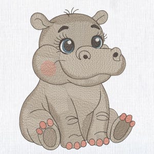Niedliches Baby Nilpferd Wild Safari Maschinenstickerei, Safari Nilpferd Stickdatei, Cartoon Dschungel Tier Stickmuster 8 Größen