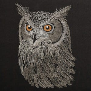 Op de afbeelding: Een close-up van een geborduurde uil met grijze en witte veren en oranje ogen. De uil kijkt naar voren en heeft een serieuze uitdrukking.