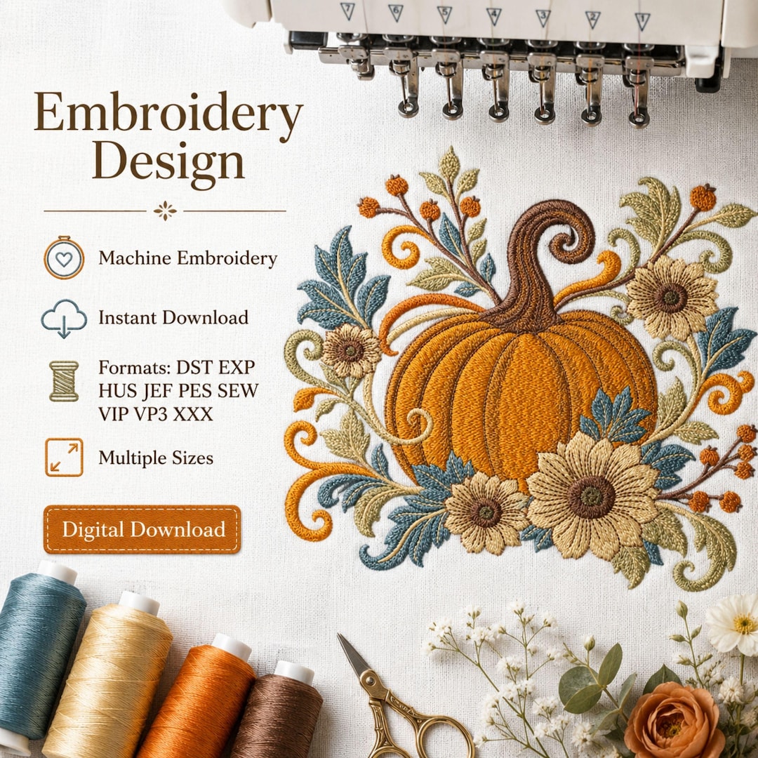 Autumn Pumpkin Floral Fall Machine Embroidery Design Digital Download ...