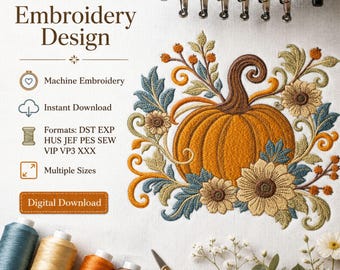 Autumn Pumpkin Floral Fall Machine Embroidery Design Digital Download File