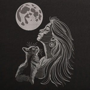 May include: Black and white illustration of a woman and a cat gazing at a full moon. The woman has long flowing hair and is wearing earrings. The cat is looking up with its whiskers visible. The moon is detailed with craters.