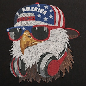 Cool Bald Eagle with Cap Sunglasses and Headphones Machine Embroidery design, Patriotic Bird File, Hipster American Hawk Pattern 6 sizes