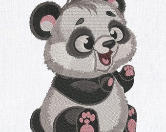 Puede incluir: Un lindo panda de dibujos animados con ojos negros, nariz negra y boca negra. El panda está sentado sobre un fondo blanco.