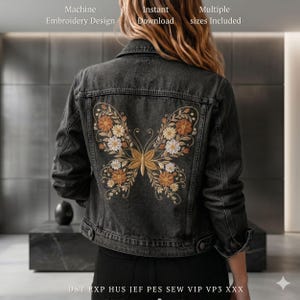 May include: A dark gray denim jacket with a large embroidered butterfly design on the back. The butterfly is made of orange, yellow, and white flowers. The jacket has the words "Machine Embroidery Design" and "Instant Download" printed on it.