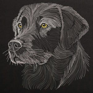 May include: A black and white embroidered image of a Labrador Retriever's head. The dog's eyes are yellow and the background is black.
