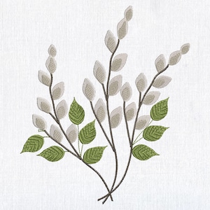 May include: Embroidered design of a sprig of white pussy willow branches with green leaves.