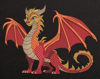 Majestueus borduurontwerp rode draak: mythisch fantasiepatroon